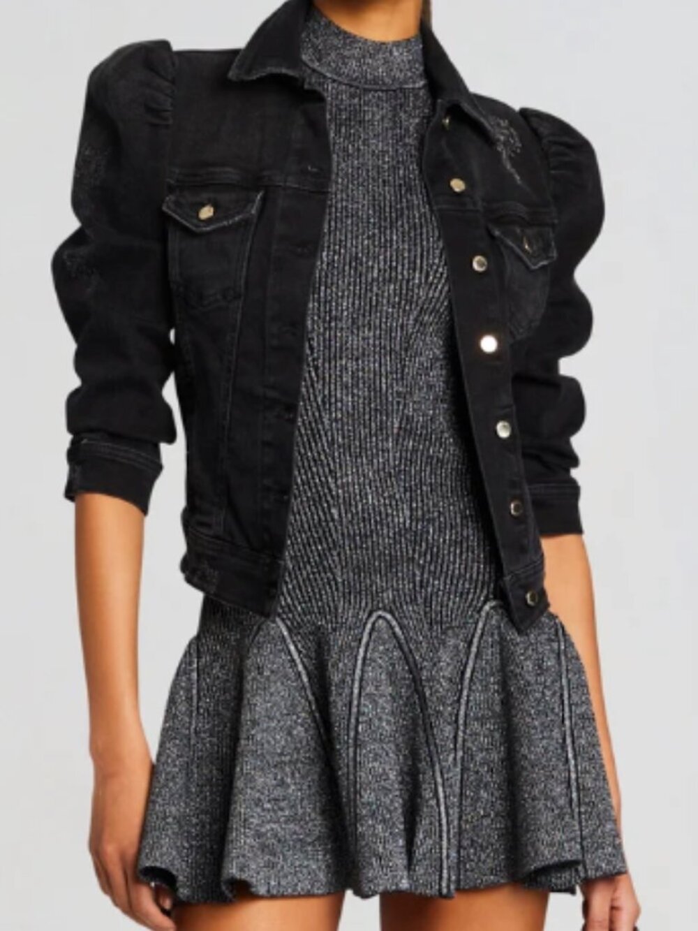 Retrofete Black Distressed Puff Sleeve Denim Jacket (Fits XS)